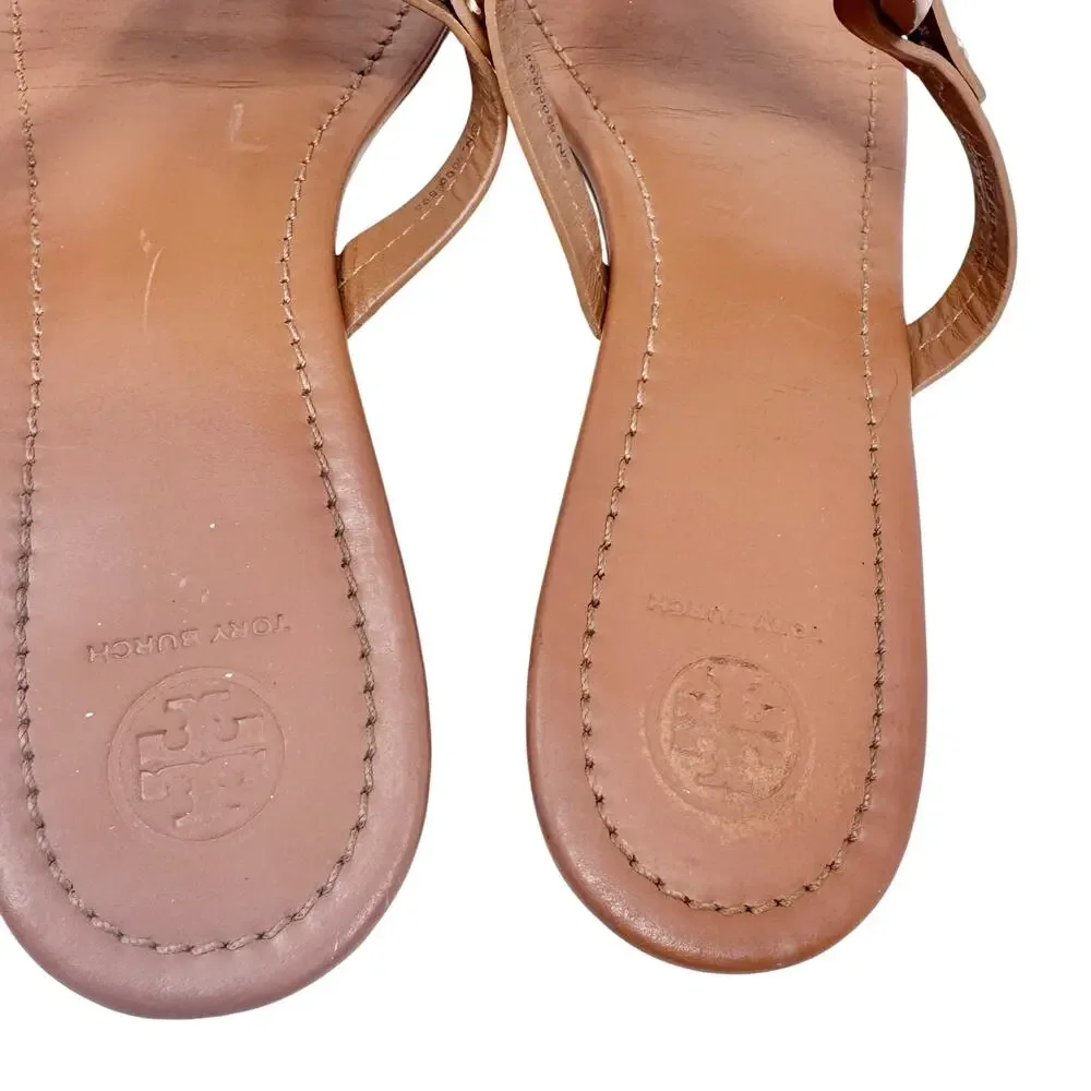 Tory Burch Miller Sandals Brown Leather Logo Thong Flat Size 10